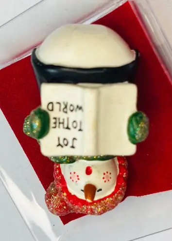 Vintage Snowman "Joy To The World" Brooch Pin With Glitter Accents White