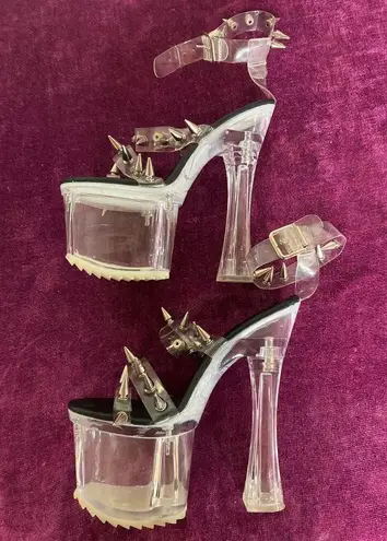 CURRENT MOOD Dolls Kill Devil in Heaven Clear Spike Studded Shoes 6 FLARE HEEL Silver