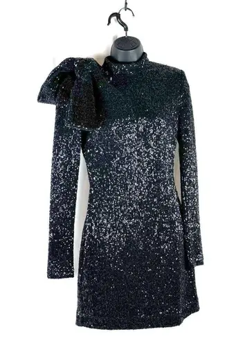 Rebecca Vallance Black Bow Sequin Long Sleeve Mock Neck Mica Mini Dress US 6