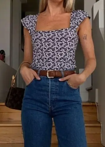 Nation Ltd Pima Cotton Flutter Shortsleeve Floral Tee Size L (square neck)