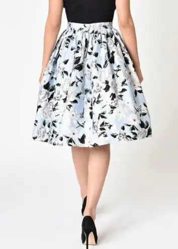Unique Vintage Light Blue Floral Black and White Women's Skirt With Pockets XL