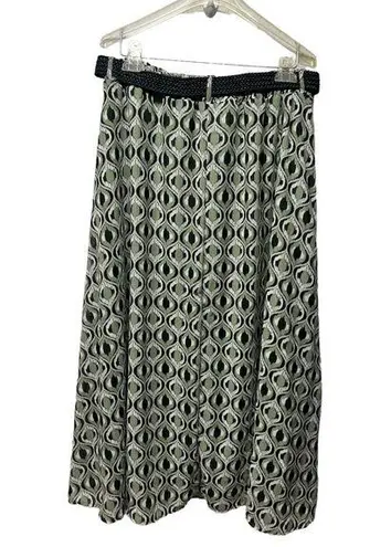 Lark + Grey belted sage green black geometric print chiffon midi maxi skirt XL