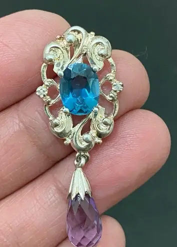 Sterling Silver Vintage 925 Signed Blue Topaz Amethyst Teardrop Pendant 3.9g