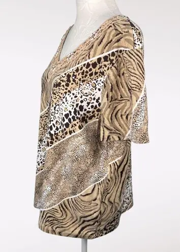 Rebecca Malone Animal Print Short Sleeve Top Crochet Beaded Neckline Size XL