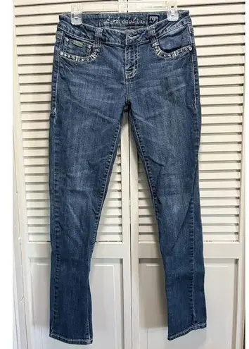 L.A. Idol Low Rise Skinny Jeans Rhinestones Embroidery Size 9 Med Wash Stitching Blue