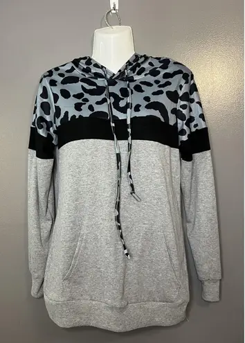 Bluetime Hoodie Womens Small Gray Leopard Colorblock Pullover Sweatshirt