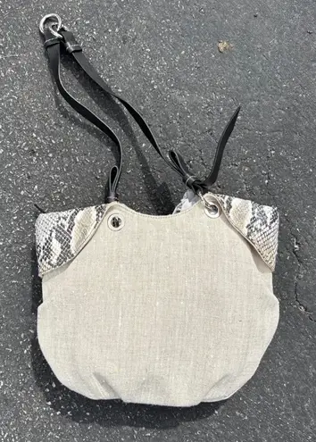 Francesco Biasia Linen Baguette Bag Snakeskin Trim Convertible Strap Tan
