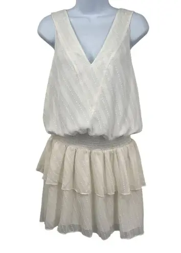 Ramy Brook Carl Deep V-Neck Smocked Tiered Textured Ruffle Mini Dress Ivory