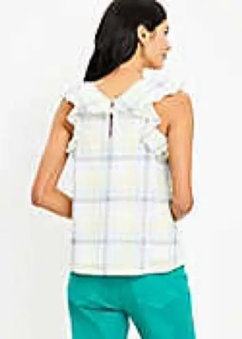 Loft NWOT  Plaid Crinkle Ruffle Double V Top Size Large