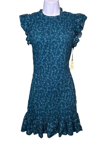 Liberty Love Dress Womens Large Blue Ruffle Mini Floral Smocked Cap Sleeve New