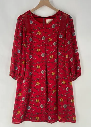 Skies Are Blue Vibrant Red Floral Chiffon Lace Detail 3/4 Sleeve Shift Dress M