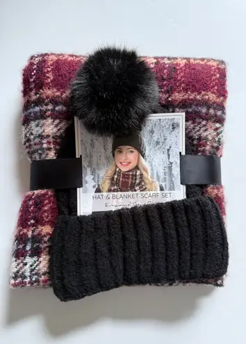 Emanuel Geraldo Hat & Blanket Scarf Set Black Pom Beanie Burgundy Plaid Wrap New