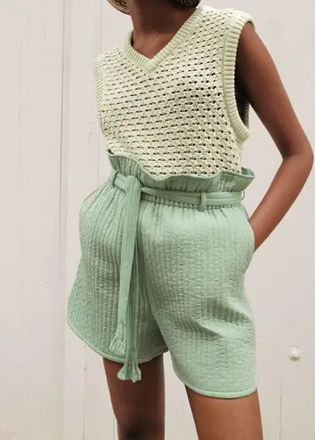 Samsoe Samsoe Ember Vineyard Green Textured Tie Paperbag Waist Shorts Size Small