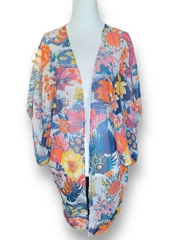 None Kimono Swim Coverup Sheer Colorful White Blue Floral Print Open Front Small