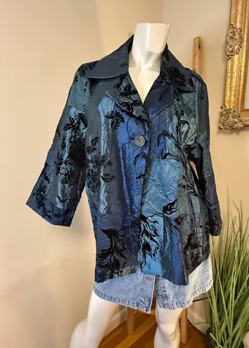 Susan Graver one button Teal Black Velvet evening light Jacket Blazer XL NWT