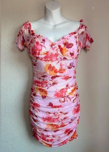 Privy Pink Floral Ruched Corset Mesh Overlay Bodycon Mini Dress L