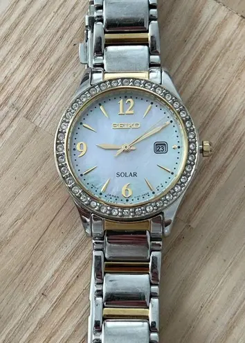 Seiko Solar Swarovski Crystals Ladies Watch Pearl Dial Two-Tone Bracelet Date