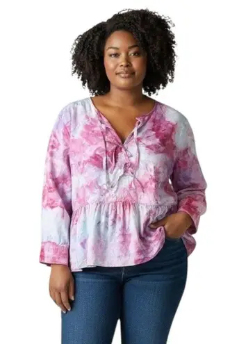 Free Assembly Plus Size 1X Top Handmade Tie Dye Peplum Pink Tie Front Tunic 943