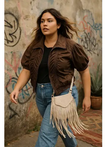 Ashley Stewart Y2K Brown Silk Bomber Top Romantic Fall Soft Grunge Layering 18