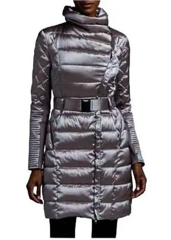 BCBGMAXAZRIA  Belted Down puffer funnel neck Metallic Gunmetal Coat size small