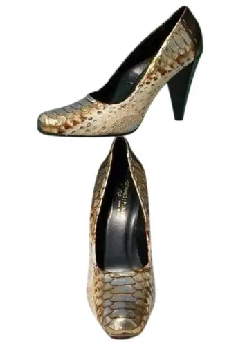 Donald Pliner Couture Hand Painted Metallic Python Leather Pump Shoe New $595 Gold Size 6.5