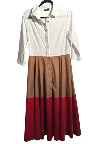 Marianna Déri Colorblock Shirt Dress S Karamel Red 3/4 Sleeve Midi $360 SEE White