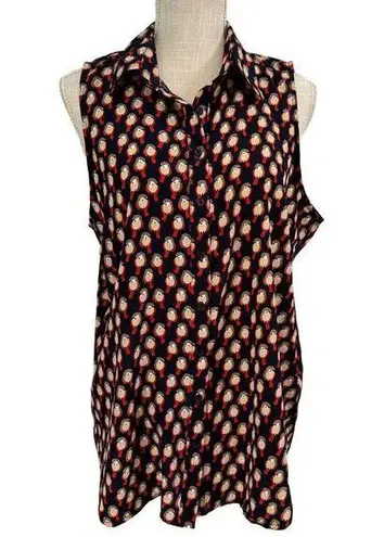 Halo Sleeveless Top Womens Size L Navy Birds Print Cute Preppy Indie Casual Chic Blue Size L