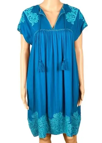 Sundance “Bright Pathway” teal, embroidered, shift dress w/POCKETS. Size XS. EUC