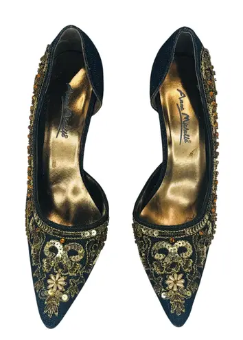 Anne Michelle FUEL57 Embroidered Denim Gold Beaded Heels Womens 6 Vtg Glam Pumps