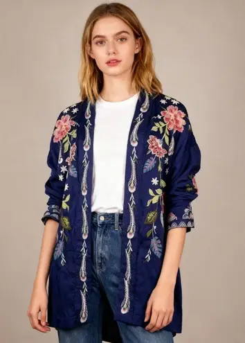 Johnny Was NWOT Emika Kimono Embroidered Open Front Jacket Navy 3/4 Sleeves XL