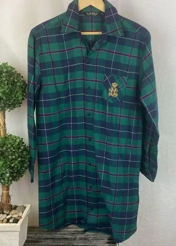 Ralph Lauren  Green & Blue Plaid Long Sleeve Button Front Sleep Shirt Dress S