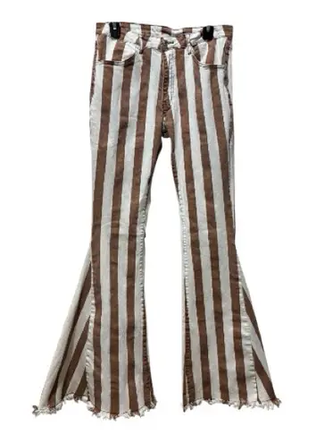 Saints & Hearts Size L Flare Pants • Brown/White Stripes • Fringe Hem Boho Brown