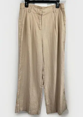 Magaschoni Linen Pants Size L Tan Wide Leg Pleated Elastic Waist Relaxed Fit