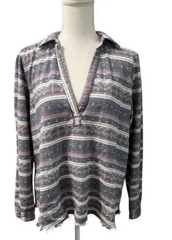 Dear John Flannel 100% Cotton Southwest Aztec Tribal V Neck Raw Hem Shirt Top L