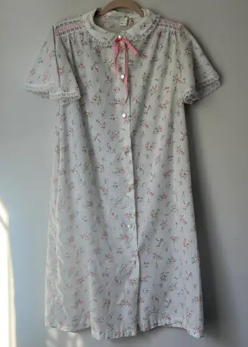 Vtg JCPenney Lounge House Dress Robe PEARL BUTTONS Coquette Floral Size Med + White