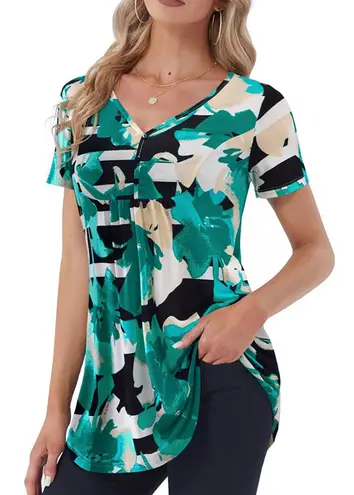 Flowy Tunic Top Henley V Neck Short Sleeve Shirt Casual Blouse Green Floral M Multiple Size M
