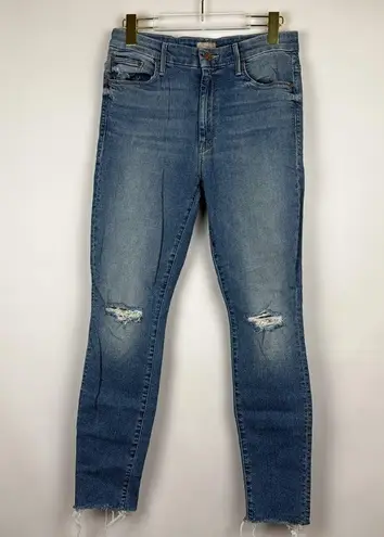 Mother Looker Ripped High Waist Fray Ankle Skinny Jeans Thrilling Shots Size 29 Blue