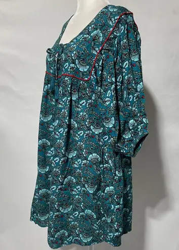 Band Of The Free New Floral Print Tassel Tie Babydoll Mini Dress Teal Size Small