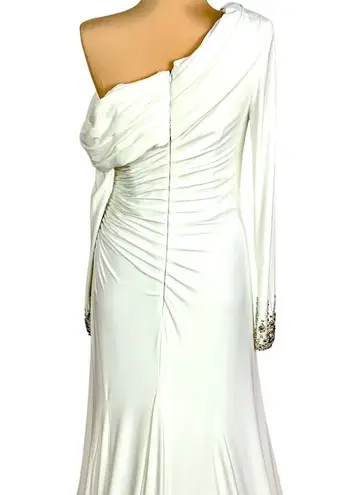 Mac Duggal White Beaded Cuff Drop Shoulder Gown 6 Faux Wrap Ruched Dress READ