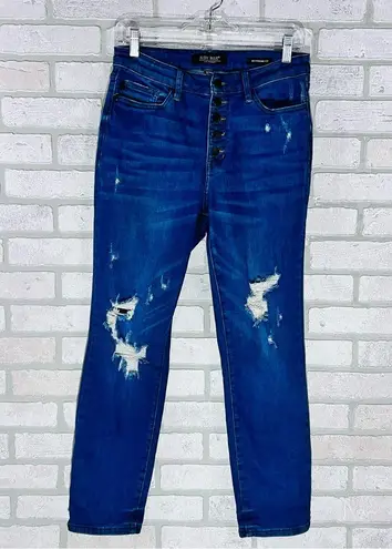 Judy Blue Button Fly Distressed Boyfriend Jeans - Dark Blue Size 7/28