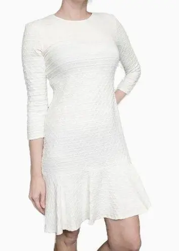 Shoshanna Long Sleeve Ruffled Crew Neck Sheath Textured White Dress Sz 12