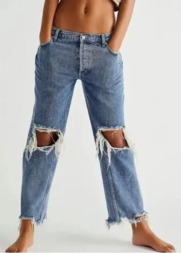 Free People  Maggie Straight Leg Mid Rise Distressed Denim Jeans in Blue US 28