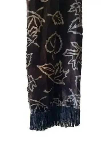 Ladies Velvet Double Sided Leaves Print Soft Long Fringe Scarf One Size Gray