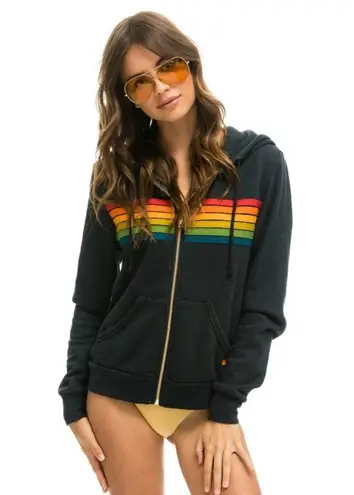 Aviator Nation 6 Stripe Zip Hoodie Charcoal Gray Rainbow Small Beachy Retro Rare