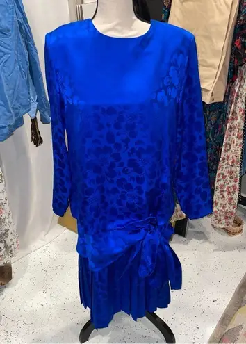 Vintage 80’s blue floral silk drop waist Pat Argenti giant bow tie pleated dress Size 8