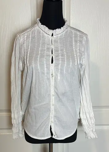 Quince WHITE RIBBED BUTTON FRONT BOHO ROMANTIC VICTORIAN LONG SLEEVE