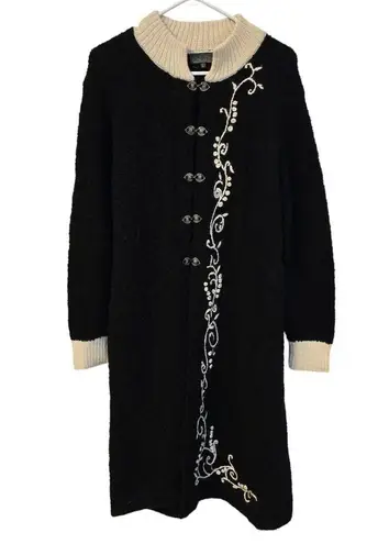 Womens Alpaca Wool Floral Embroidery Long Sweater Cardigan Heart Clasps Peru LRG Black Size L