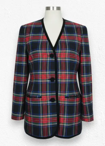 Liz Claiborne Vintage 90s Black Red Tartan Plaid Wool Blend Velvet Trim V-Neck Blazer Size 4