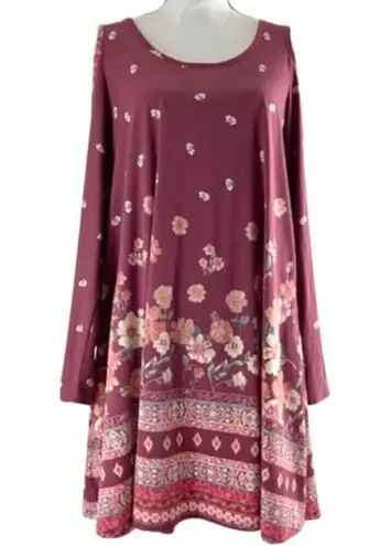 Derek Heart Mauve Pink Floral Border Print Cold Shoulder Long Sleeve Shift Dress