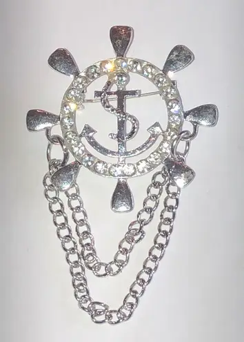 Silver Tone Nautical Boho Anchor Brooch with Chains